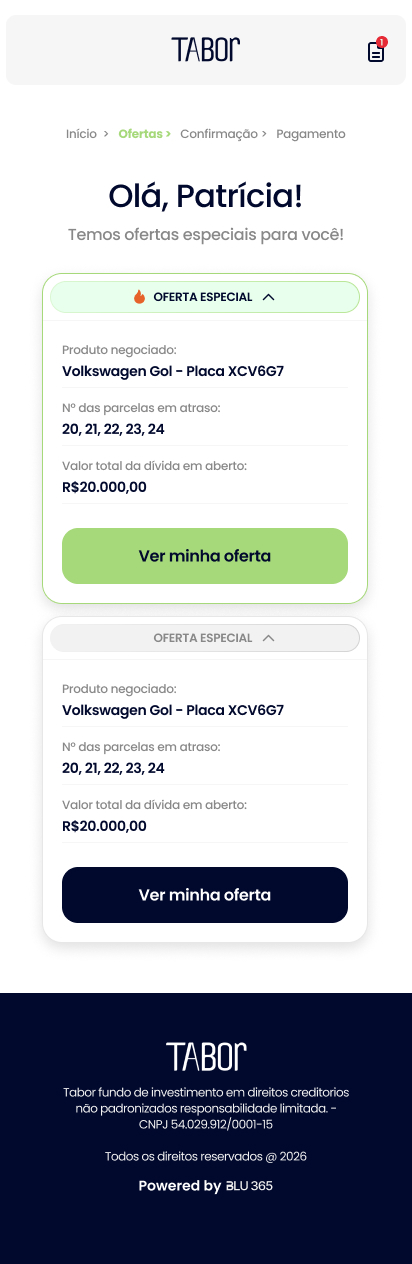 Tela de ofertas do portal Tabor